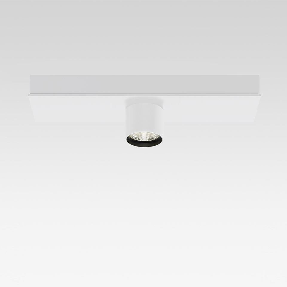Artemide Hoy System Recessed: white rectangular ceiling fixture with a single adjustable cylindrical LED spotlight and black trim