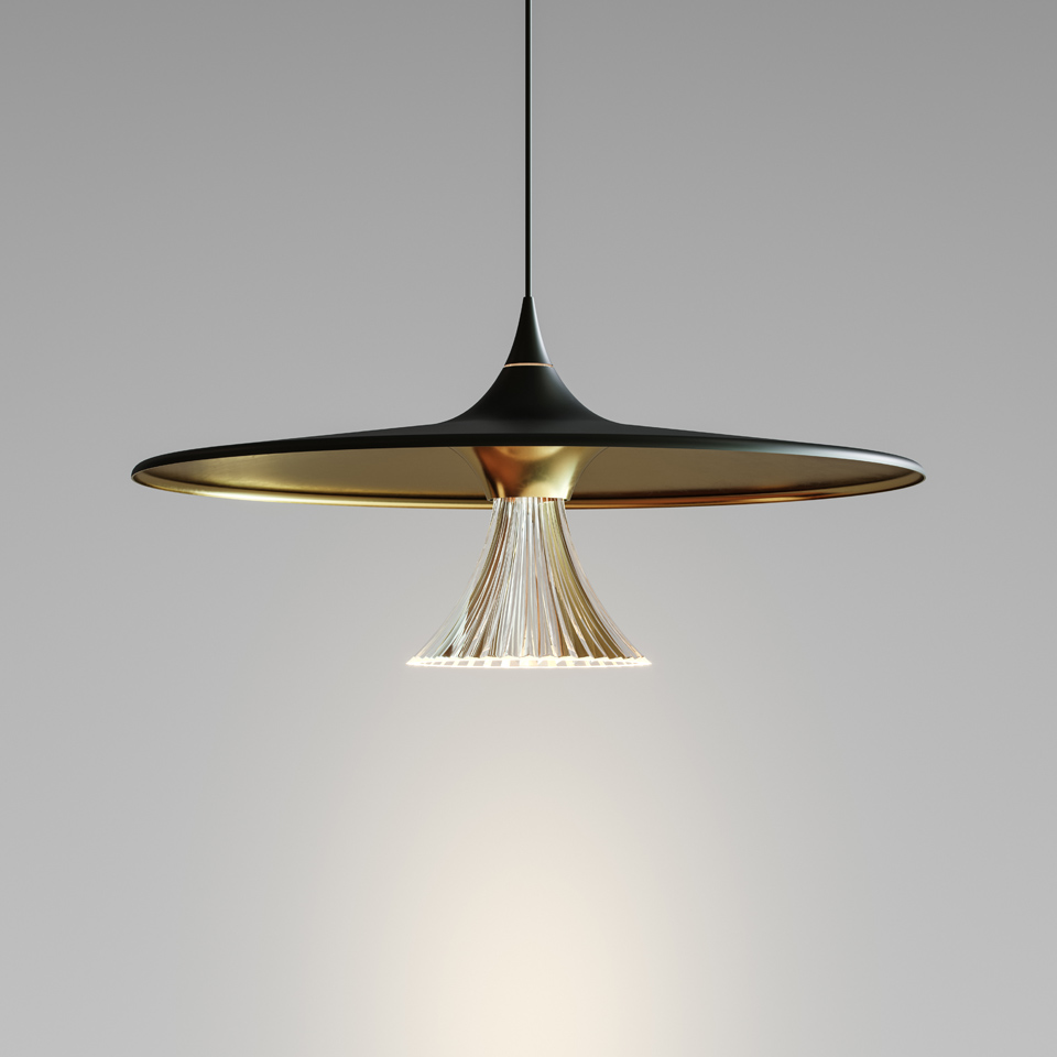Ipno suspension pendant lamp: wide black matte disc shade with gold inner finish and ribbed glass diffuser emitting warm downward light