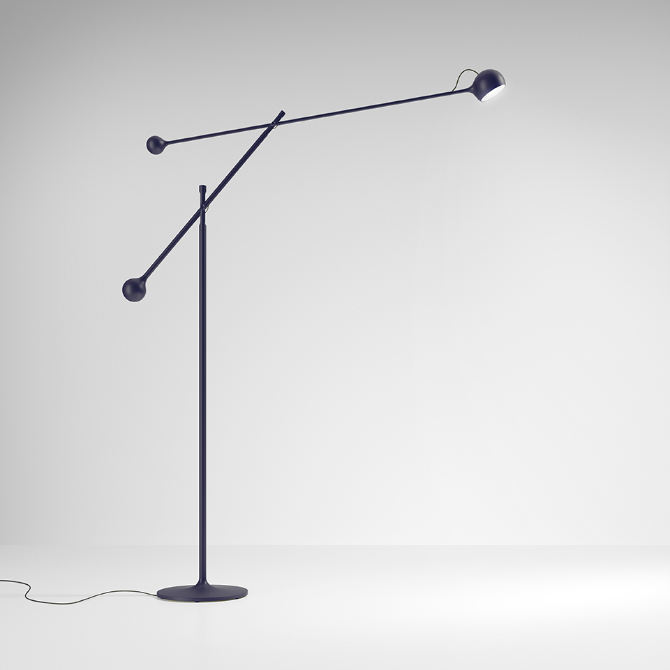 Artemide Ixa floor lamp in dark blue, featuring a counterbalanced articulated arm with spherical counterweight and adjustable directional head