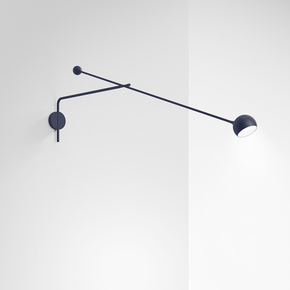Artemide Ixa wall lamp in dark blue, featuring two adjustable arms with a small spherical counterweight and a directional bowl-shaped head
