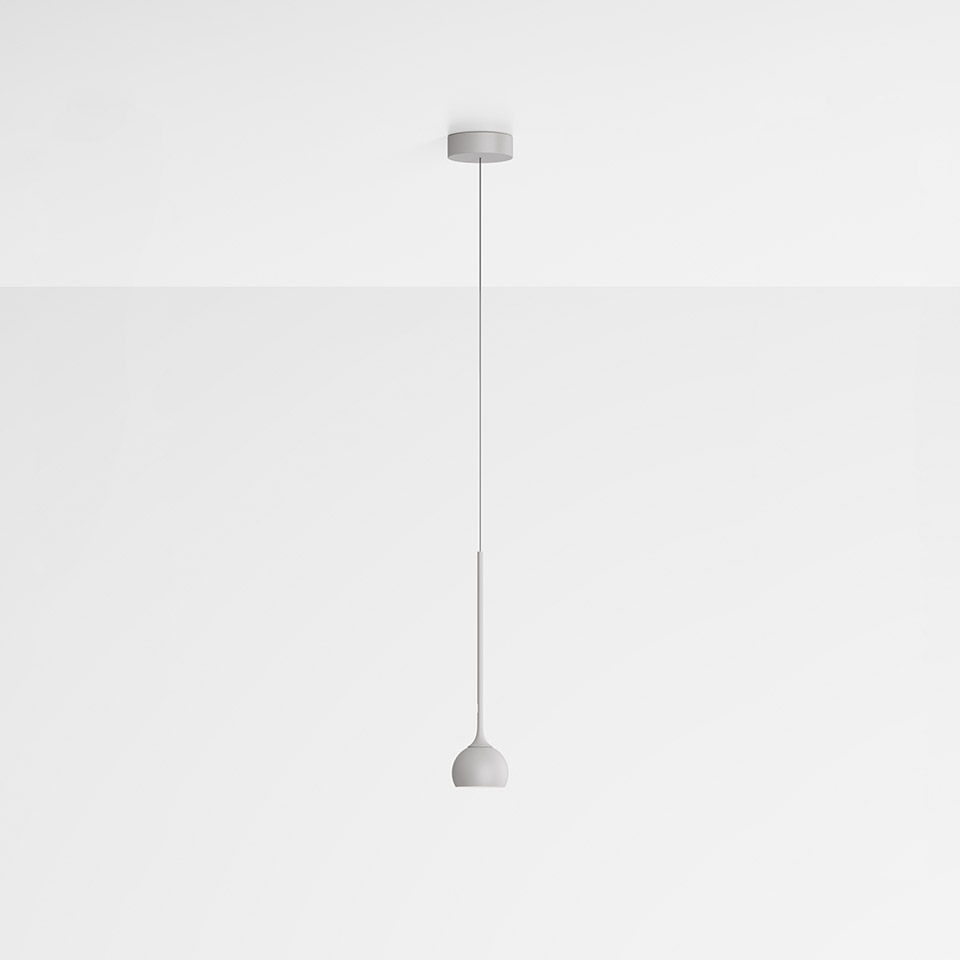 Artemide Ixa pendant lamp, minimalist light grey dome shade on a thin cord with matching ceiling rose