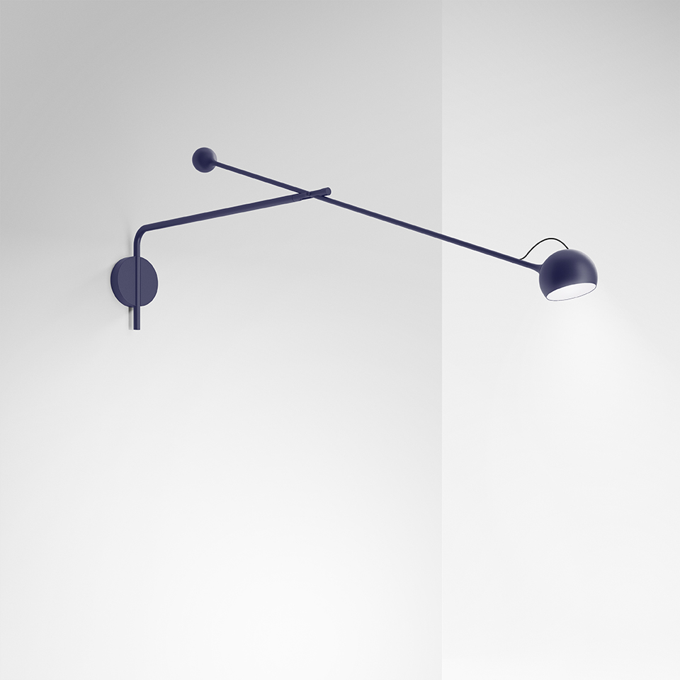 Artemide Ixa wall lamp in dark blue, featuring a long adjustable arm with a small spherical head and round wall mount