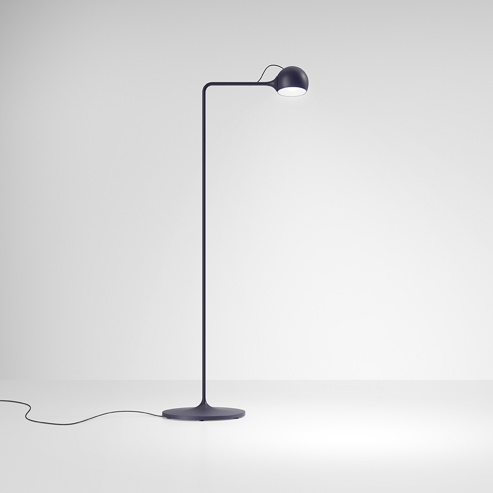 Artemide Ixa floor lamp in dark blue, slender curved stem with adjustable spherical LED head on circular base