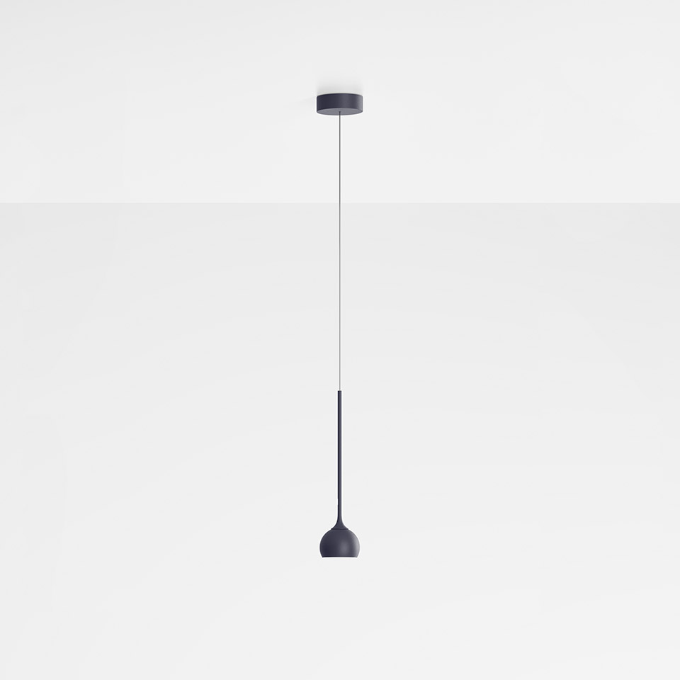 Artemide Ixa pendant lamp: slim dark grey stem with small dome-shaped shade, suspended from ceiling canopy by thin cable