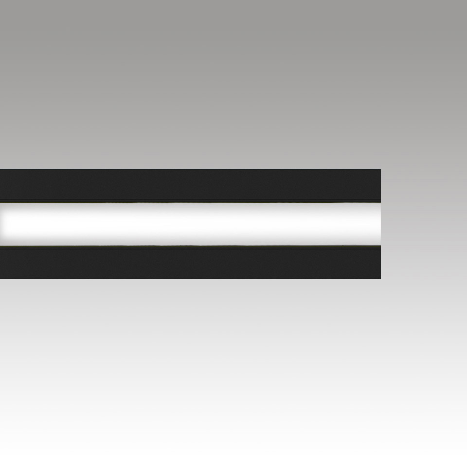 Artemide Katà Métron linear LED fixture with glowing white diffuser strip housed in a sleek black rectangular profile