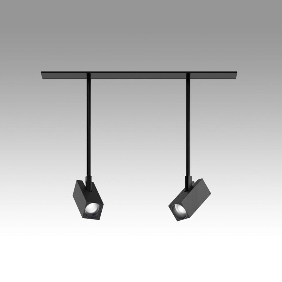 Artemide Katà Métron: two black adjustable cubic LED spotlights suspended from a ceiling bar via slim rods