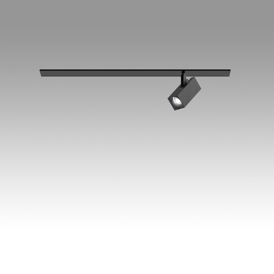 Artemide Katà Métron track lighting system: black rail with one adjustable square LED spotlight mounted on a rotating head