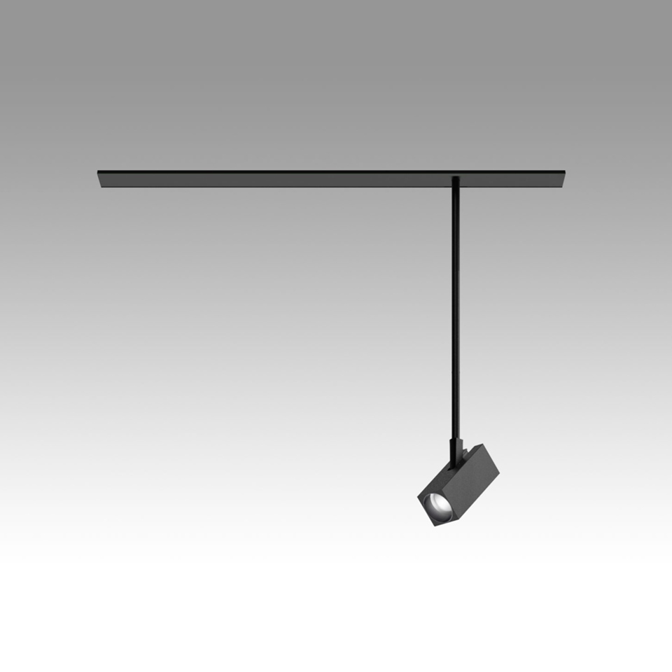 Artemide Katà Métron black track spotlight with adjustable square head on pendant rod mounted on ceiling rail