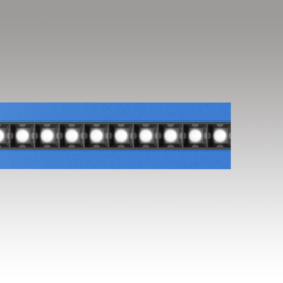 Artemide Katà Métron linear LED lighting fixture with evenly spaced white LEDs mounted on a blue aluminum profile