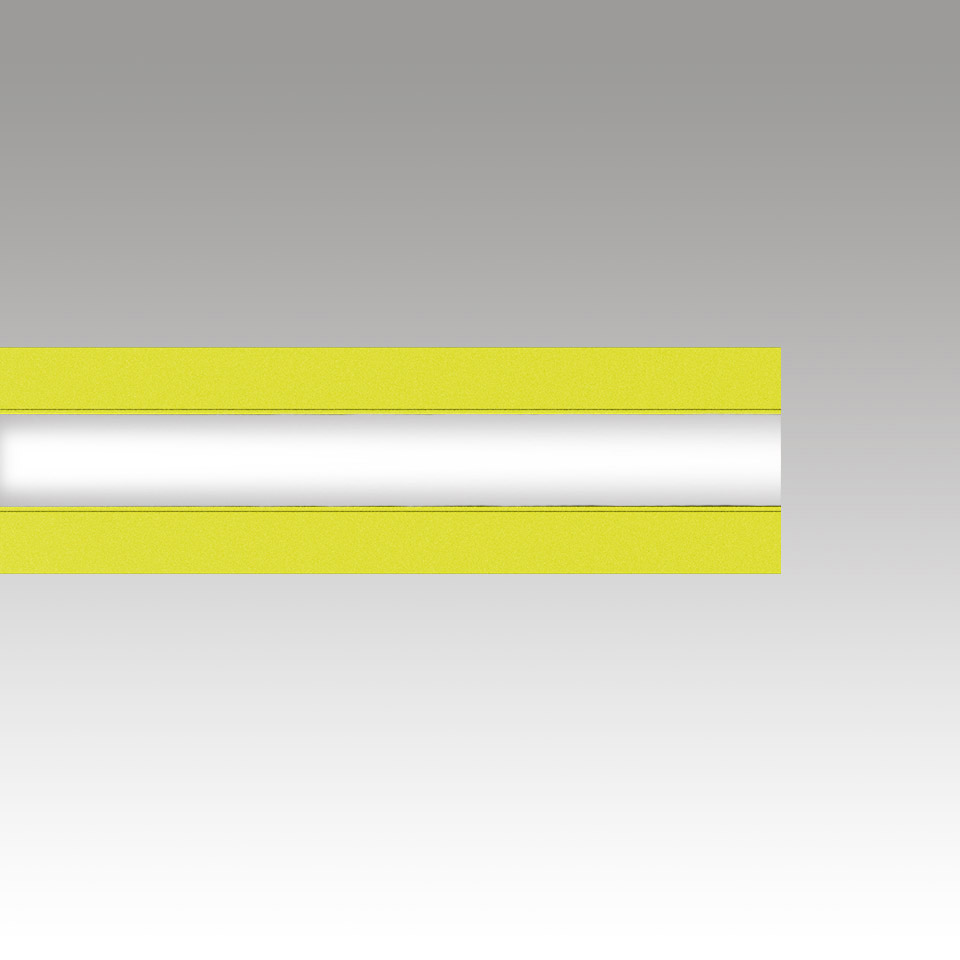 Katà Métron linear LED wall lamp by Artemide, featuring a bright white light tube framed by two vivid yellow-green aluminum profiles