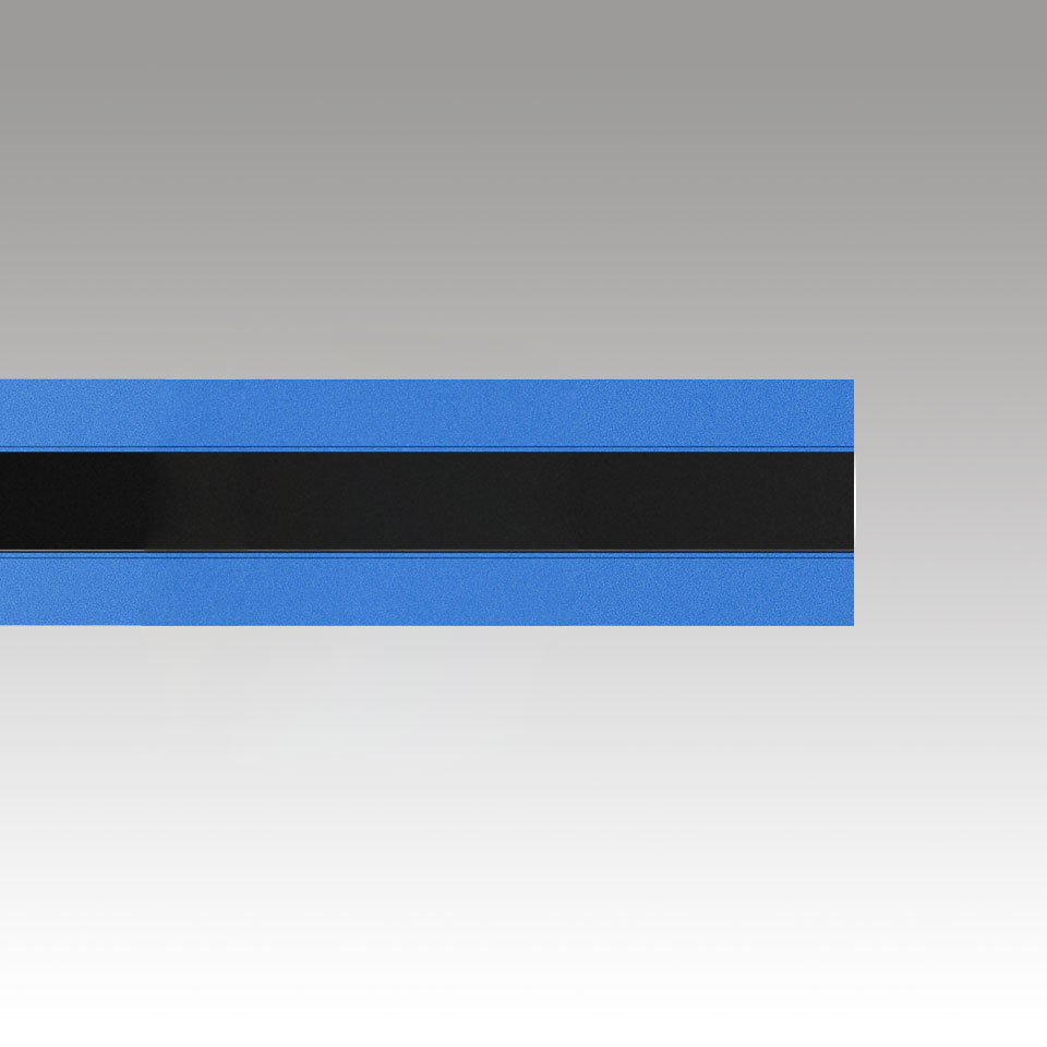 Katà Métron linear lighting fixture in blue with a central black diffuser band, shown in horizontal position