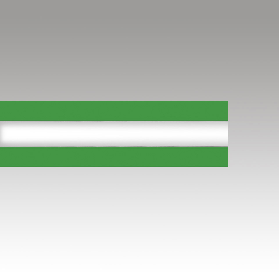 Katà Métron linear LED lamp with bright white light strip framed by two green horizontal bands on grey background