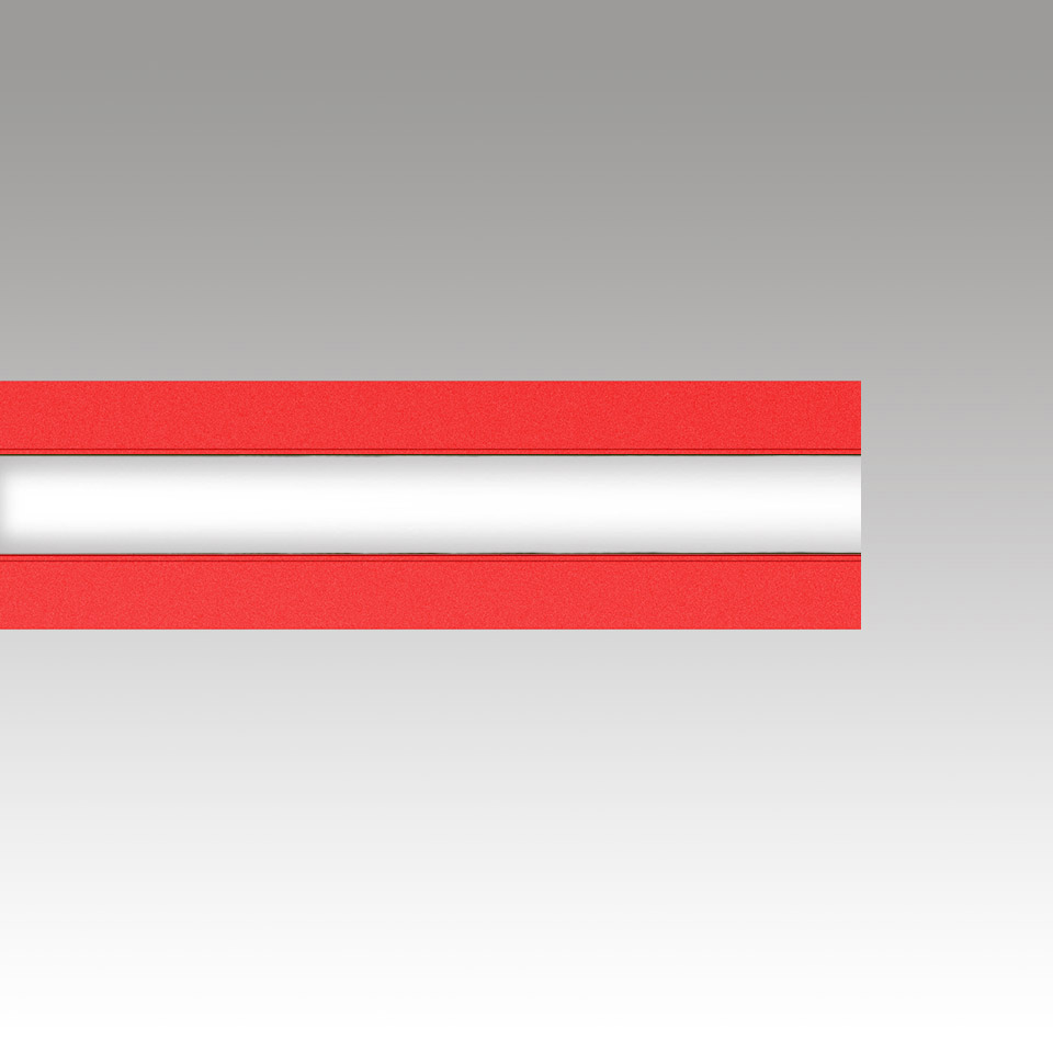 Katà Métron linear LED lamp by Artemide, horizontal red aluminum profile with central white light diffuser