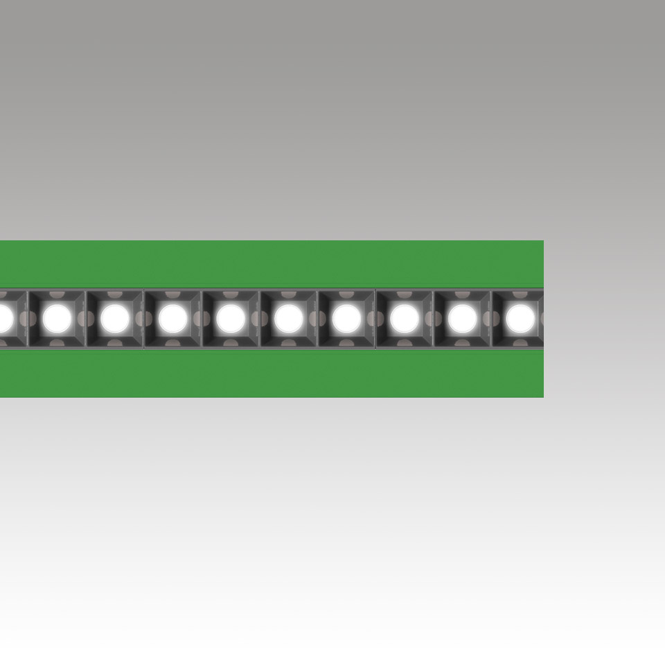 Katà Métron LED strip light by Artemide: a row of bright white LEDs mounted on a green profile, shown in close-up detail