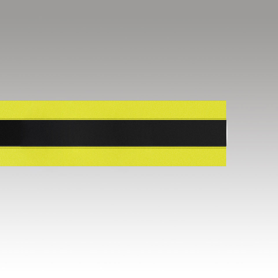 Artemide Katà Métron linear pendant lamp with bright yellow diffuser panels and central black body, shown in profile