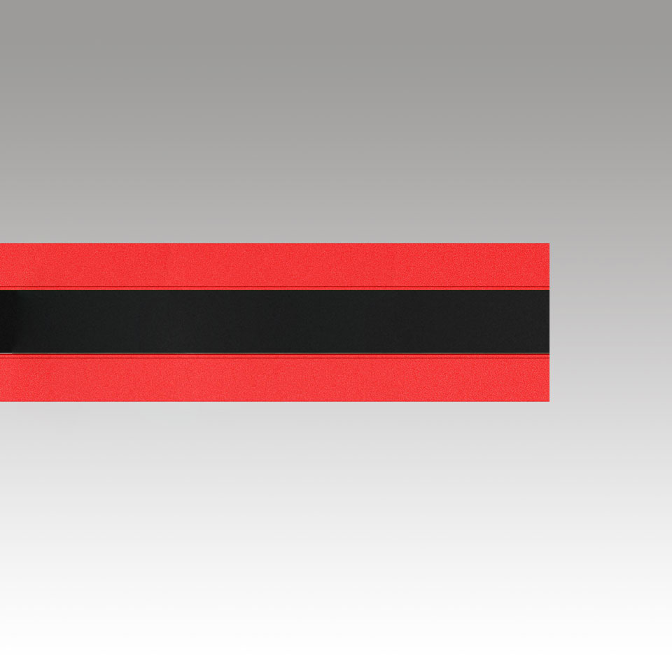 Katà Métron linear lighting fixture with bold red body and black central diffuser strip, shown in horizontal orientation