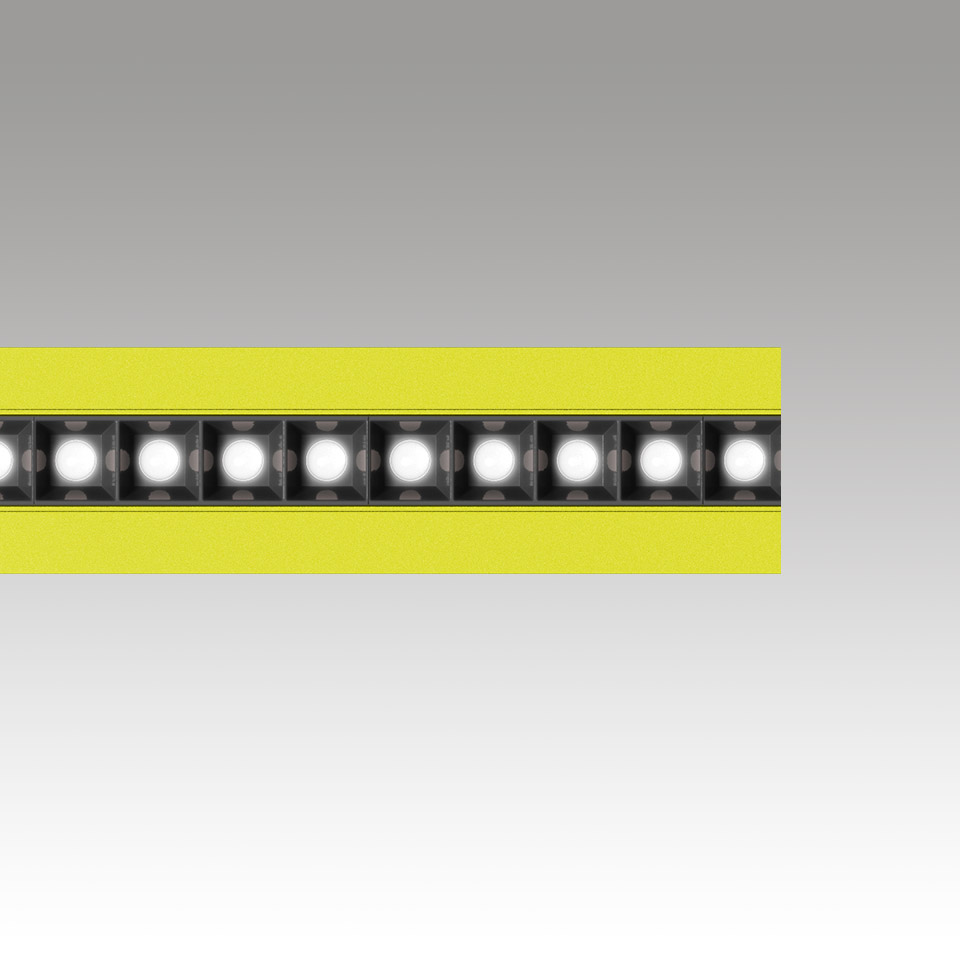 Katà Métron LED strip detail: row of bright white SMD LEDs mounted on black PCB with yellow flexible substrate