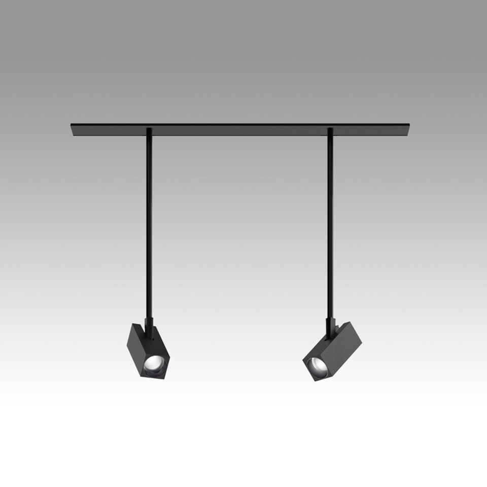Artemide Katà Métron: two black pendant spotlights with cubic heads on slim rods, suspended from a ceiling bar