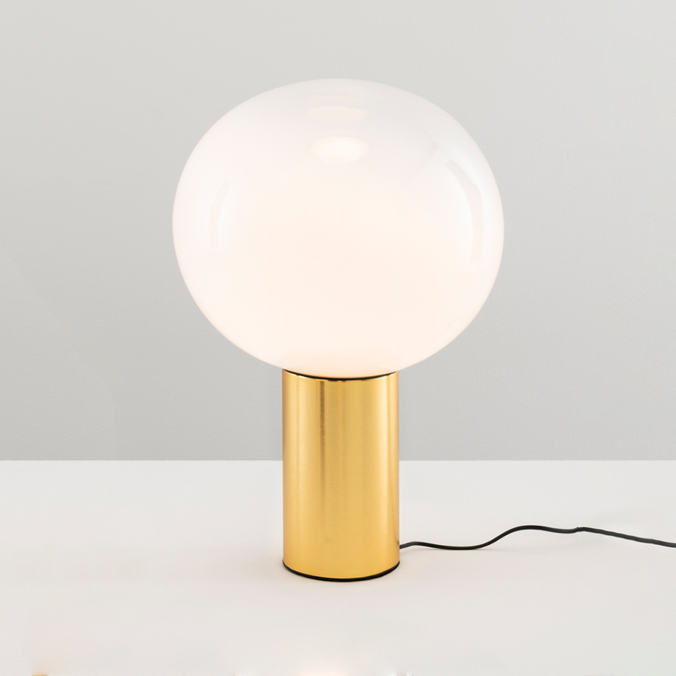 Artemide Laguna Tavolo table lamp: large opal white spherical glass diffuser on a polished gold cylindrical metal base