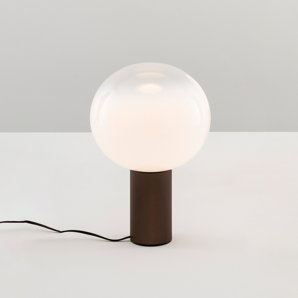 Artemide Laguna Tavolo table lamp: opal white spherical glass diffuser on a cylindrical dark brown metal base with black cord