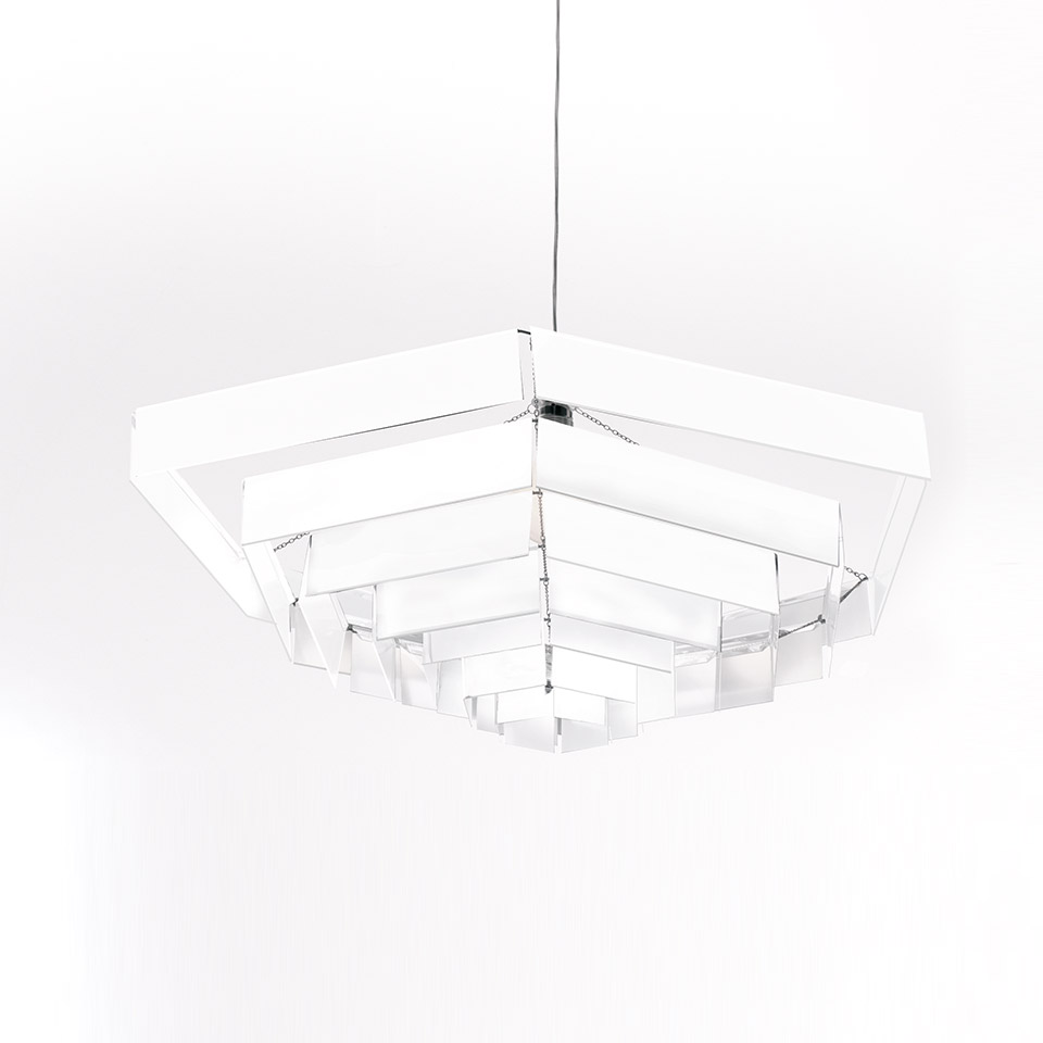 Artemide Lampada Esagonale pendant lamp: white layered hexagonal structure with stacked rectangular acrylic panels, suspended by steel cable