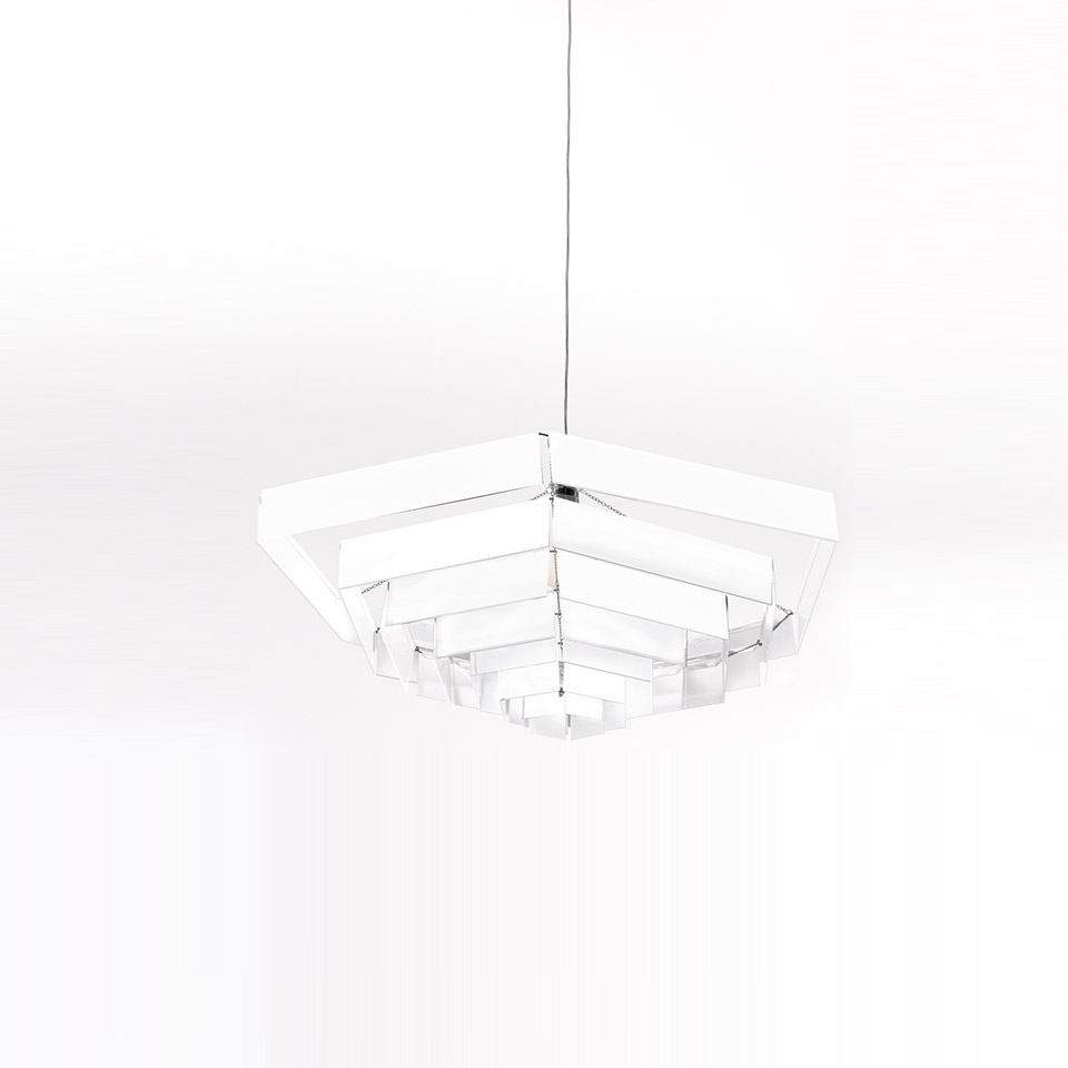 Artemide Lampada Esagonale pendant light: white hexagonal tiered structure with chrome accents, suspended by a thin wire