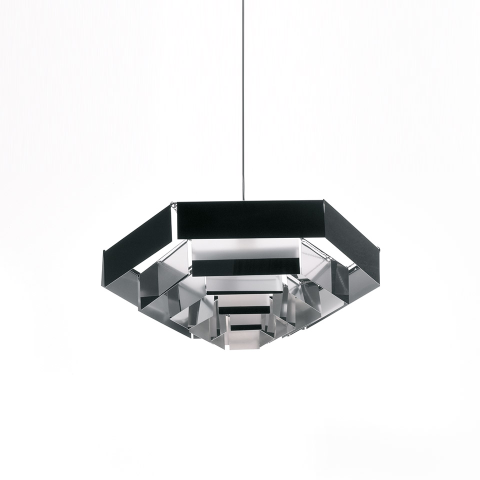 Artemide Lampada Esagonale pendant lamp with polished chrome hexagonal stepped structure suspended by a thin black cord