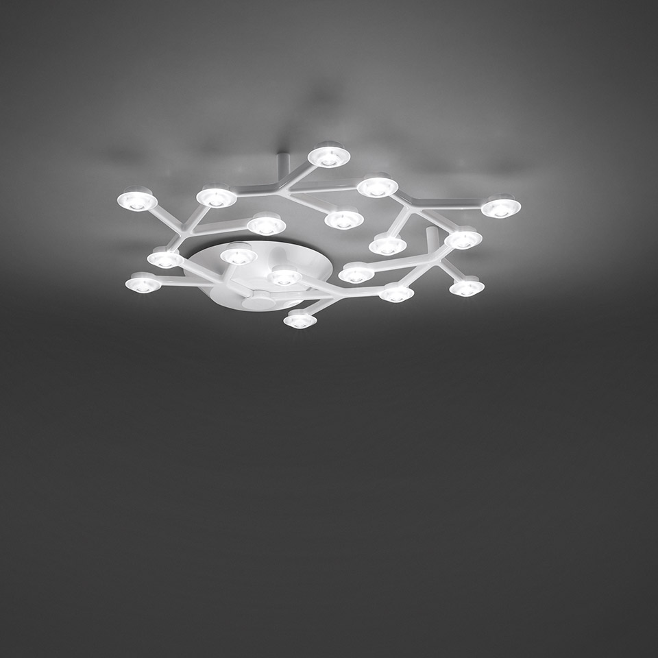 Artemide LED Net Circolare ceiling lamp: white branching structure with 15 LED light nodes arranged in a circular pattern