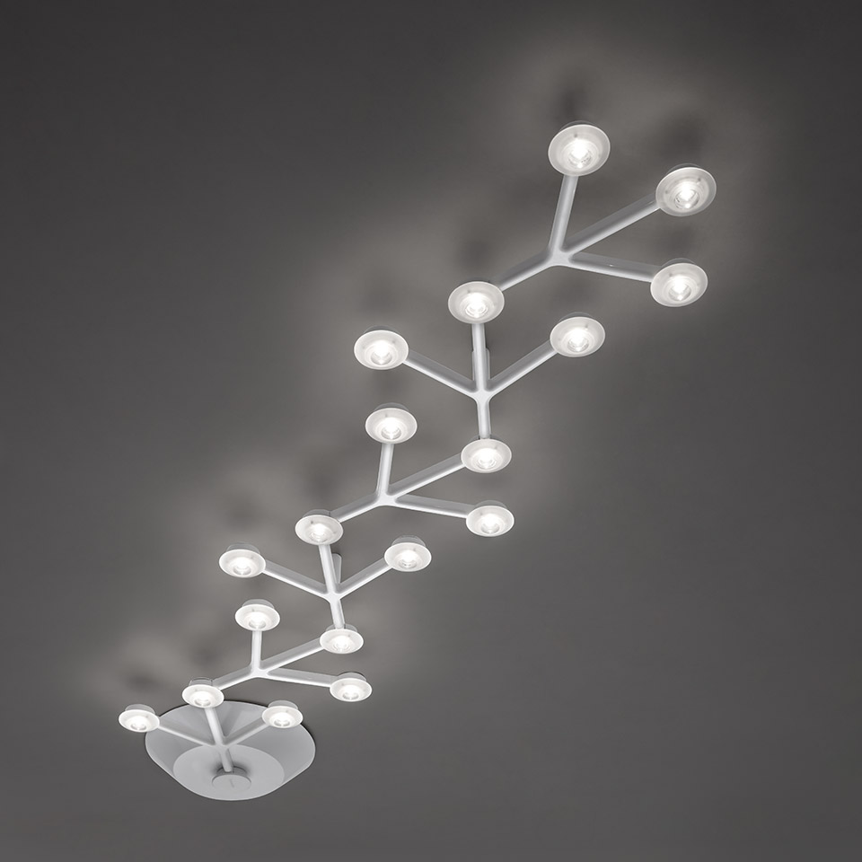 Artemide LED Net Lineare ceiling lamp: white branching structure with 20 LED light points resembling a tree or constellation