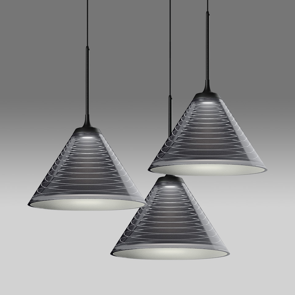 Three Artemide Look at Me pendant lamps with conical dark shades featuring spiral line patterns, suspended on black cords