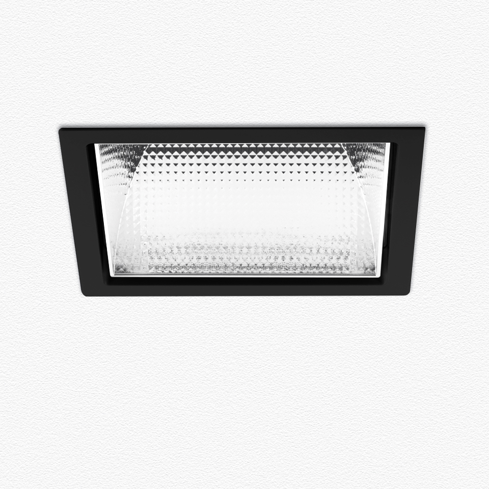 Artemide Luceri Kadro Trim recessed LED downlight with black square frame and prismatic reflector, flush ceiling mount