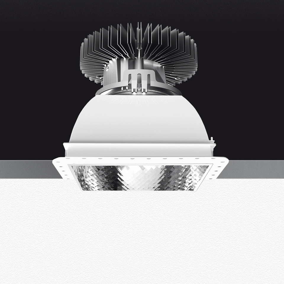 Artemide Luceri Kadro Trimless recessed LED downlight with square frame, faceted reflector, and radial heat sink fins