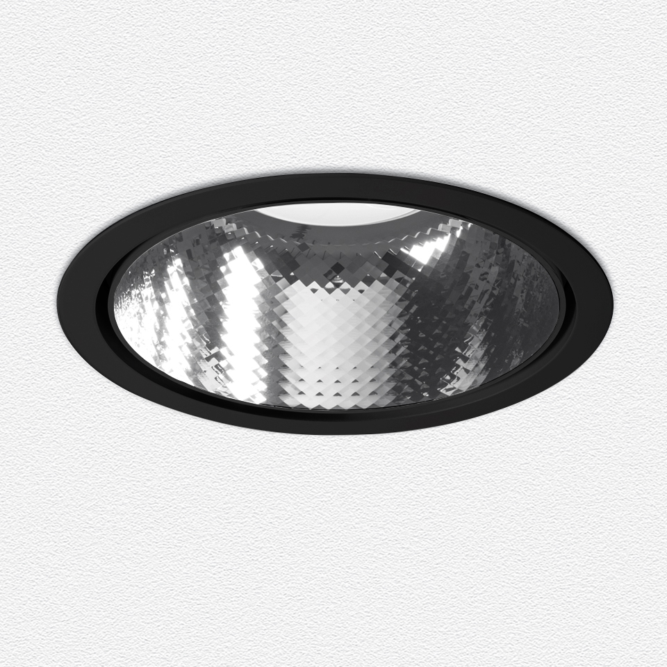 Artemide Luceri Round Trim recessed LED downlight with black circular frame and faceted silver reflector