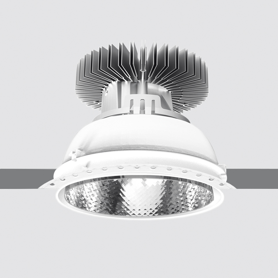 Artemide Luceri Round Trimless LED recessed downlight with faceted reflector, white housing, and aluminum heat sink fins