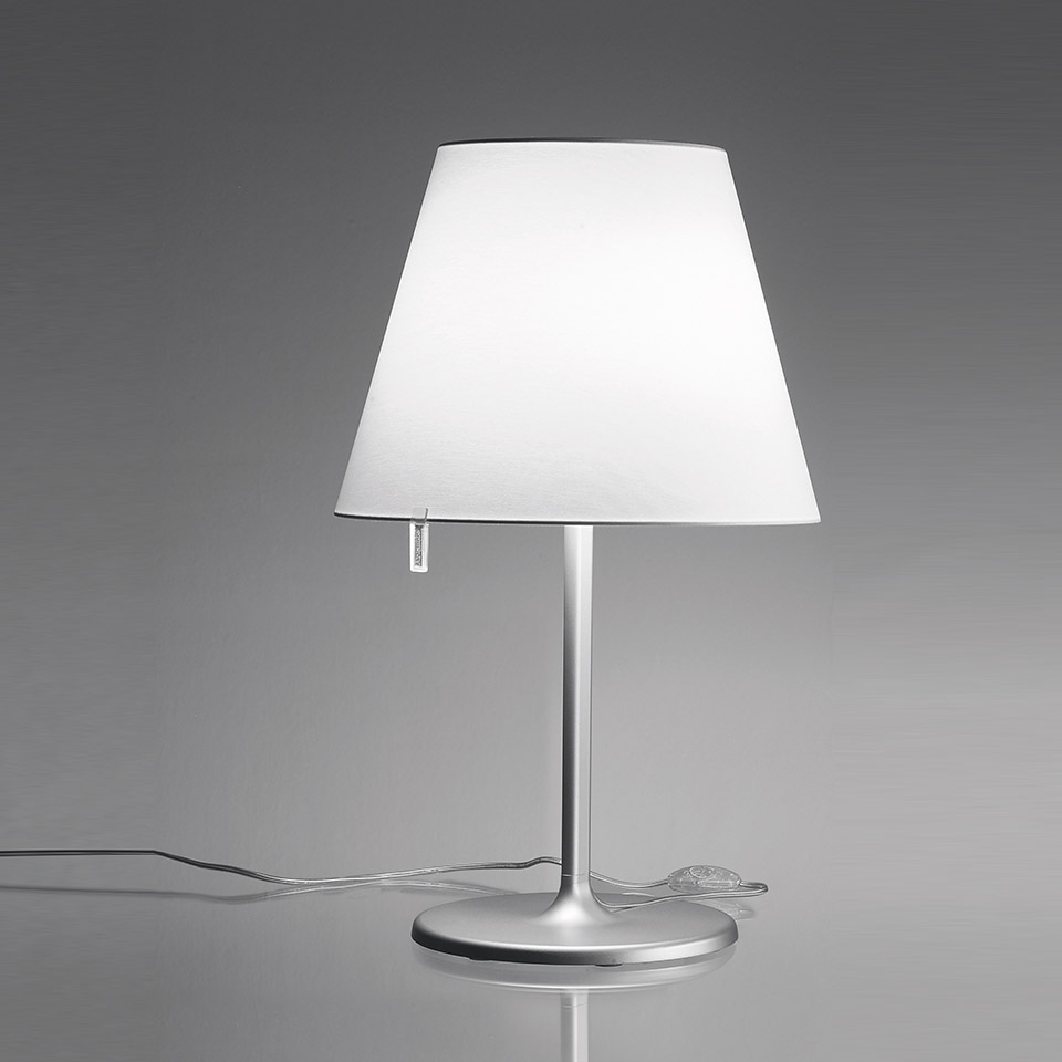 Artemide Melampo Tavolo table lamp with white conical shade, slim aluminum stem, circular base, and pull-cord switch