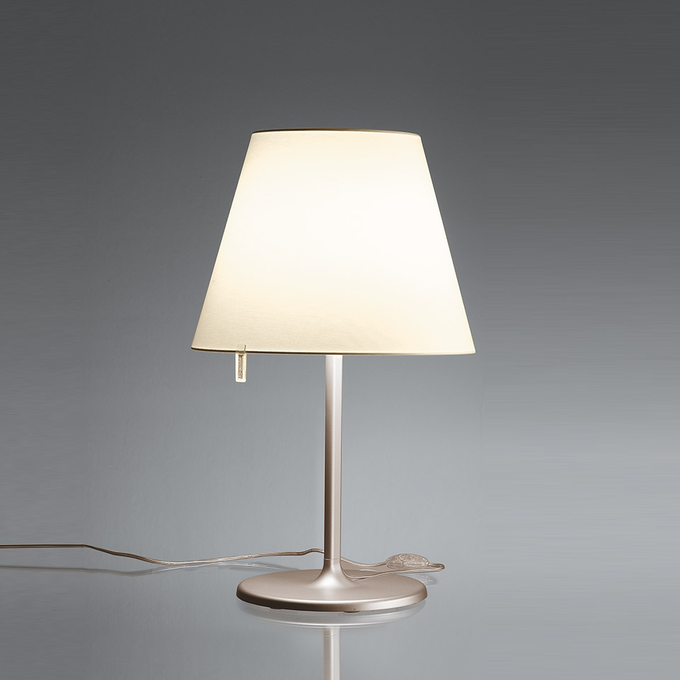 Artemide Melampo Tavolo table lamp with white conical fabric shade, slim brushed aluminum stem and round base, pull-cord switch