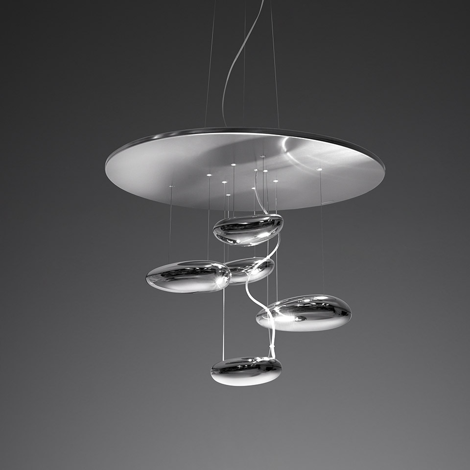 Artemide Mercury pendant lamp: large polished disc canopy suspending five chrome oval diffusers arranged in a spiral formation