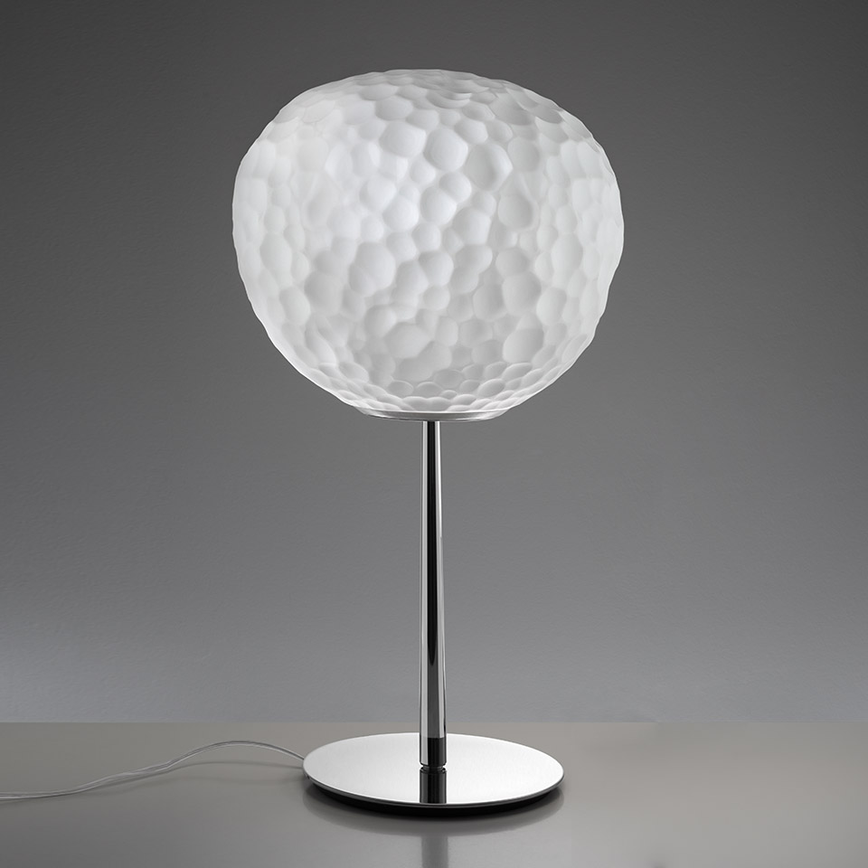 Artemide Meteorite Tavolo table lamp: white blown glass globe shade with cellular texture on a slim chrome stem and round base - 2
