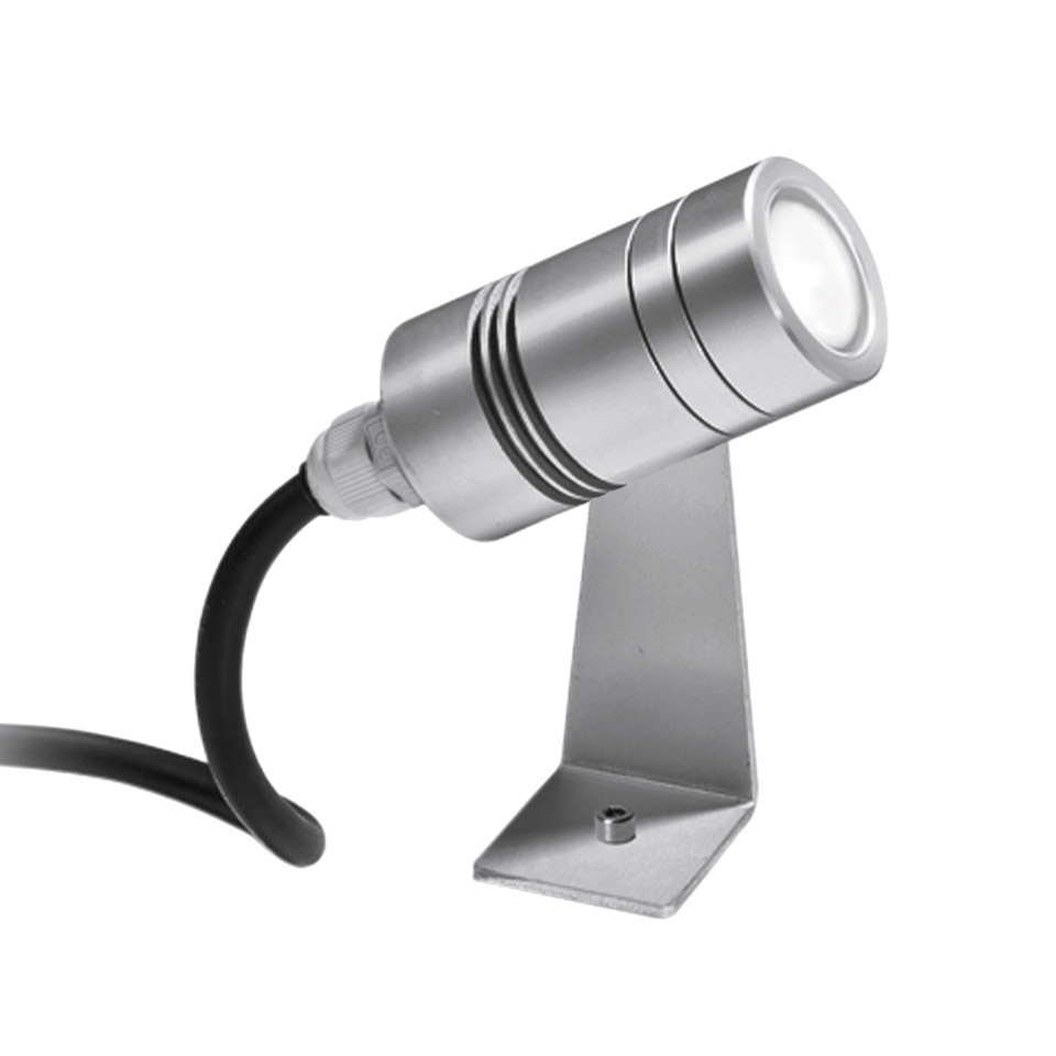 Artemide Minispot LED spotlight in brushed aluminum with adjustable bracket mount and black cable, for outdoor use