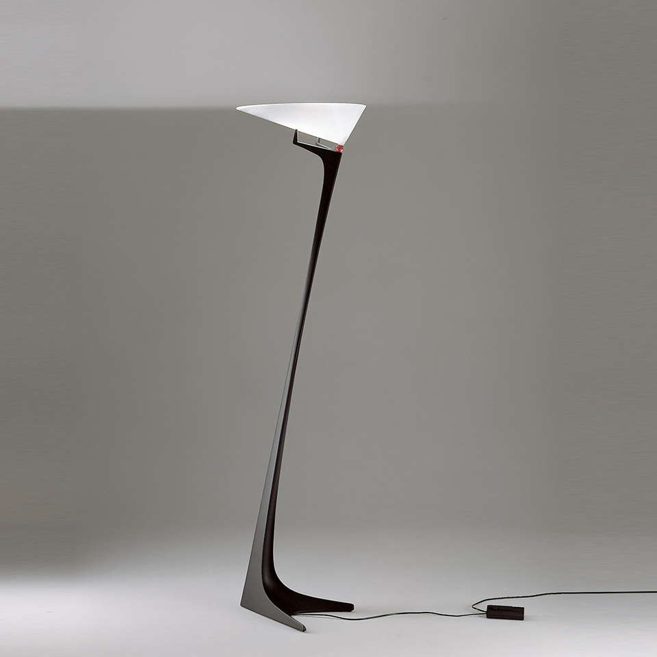 Artemide Montjuic floor lamp: sleek dark curved stem with triangular base, white conical shade, red accent detail, floor dimmer switch
