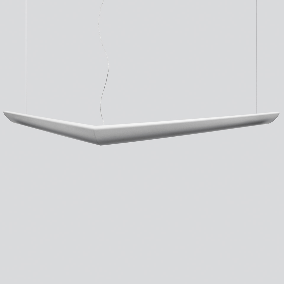 Artemide Mouette pendant lamp: sleek white boomerang-shaped diffuser suspended by thin cables, providing direct and indirect light