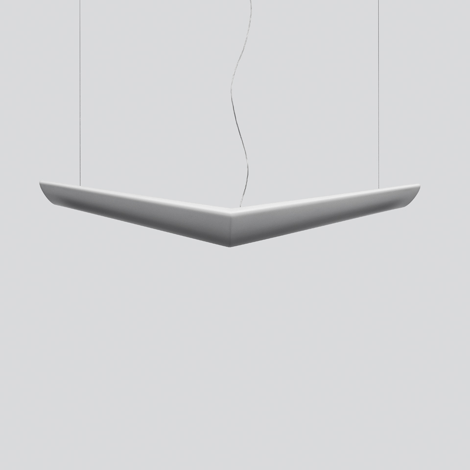 Artemide Mouette pendant lamp: V-shaped white diffuser suspended by thin cables, providing soft upward and downward light
