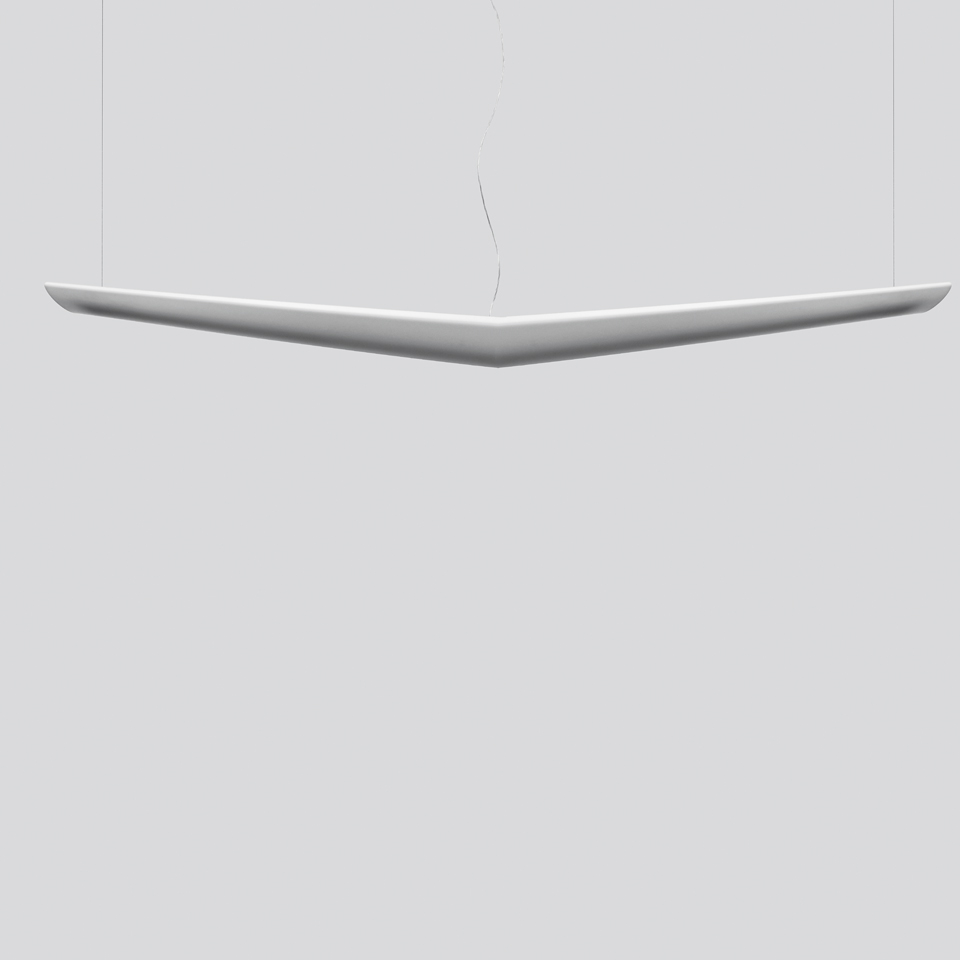 Artemide Mouette pendant lamp, white V-shaped boomerang design suspended by thin cables, providing diffused upward and downward light