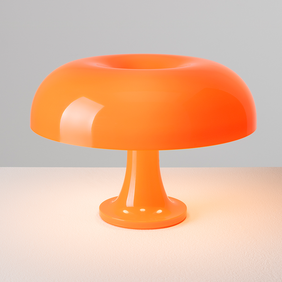 Artemide Nessino table lamp in orange, featuring a iconic mushroom-shaped glossy shade with donut top on a slender pedestal base - 2