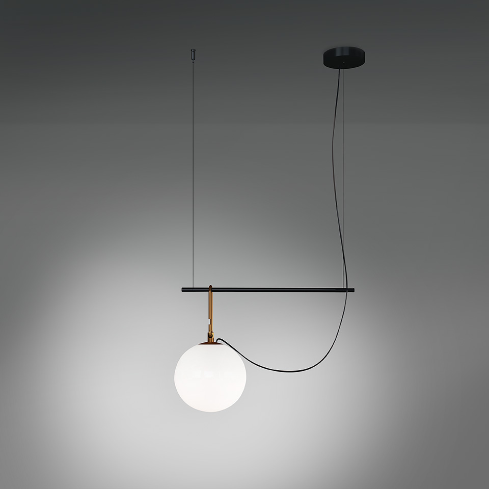 Artemide NH pendant lamp: black horizontal bar with brass joint suspending a white opaline glass sphere, black cord and ceiling rose
