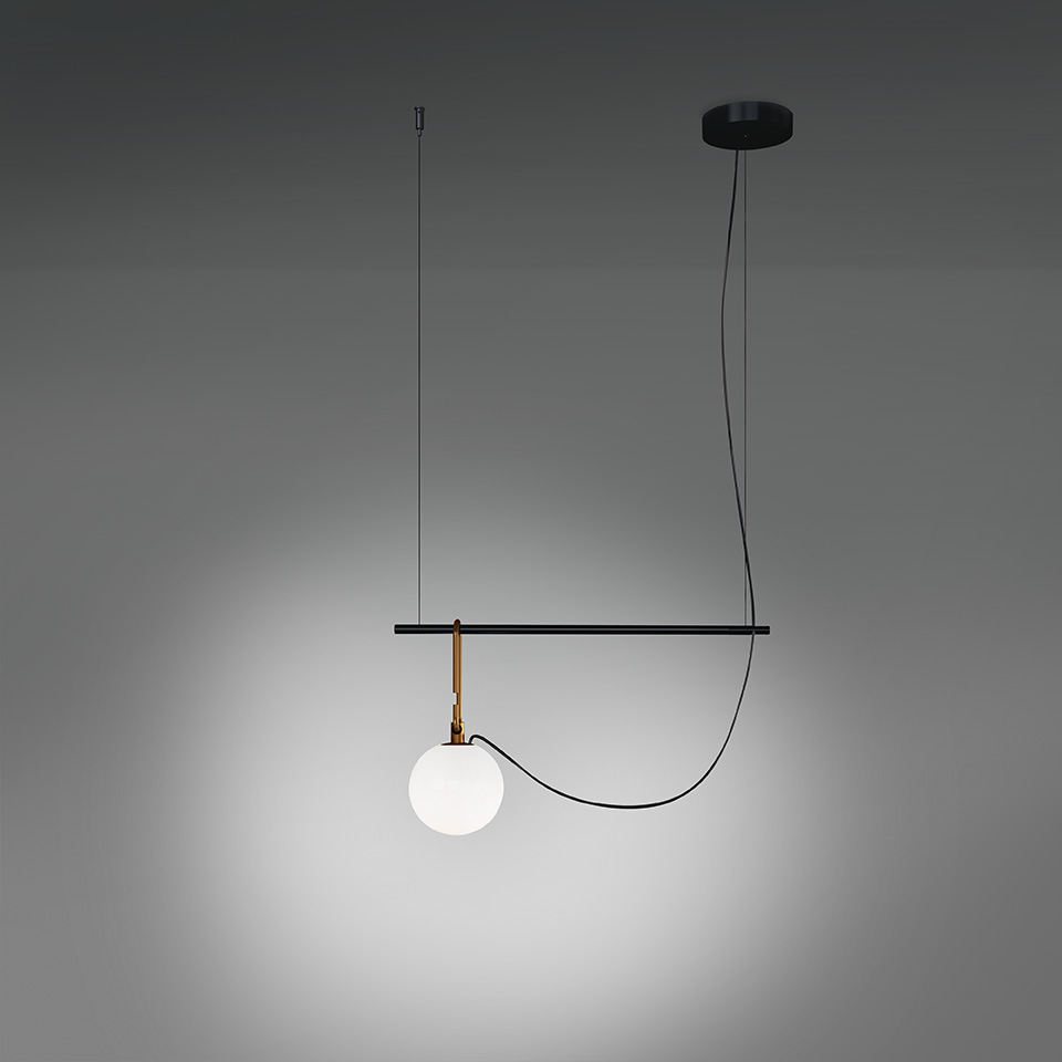 Artemide NH pendant lamp: black horizontal bar with brass joint suspending a white opal glass sphere, curved black cable