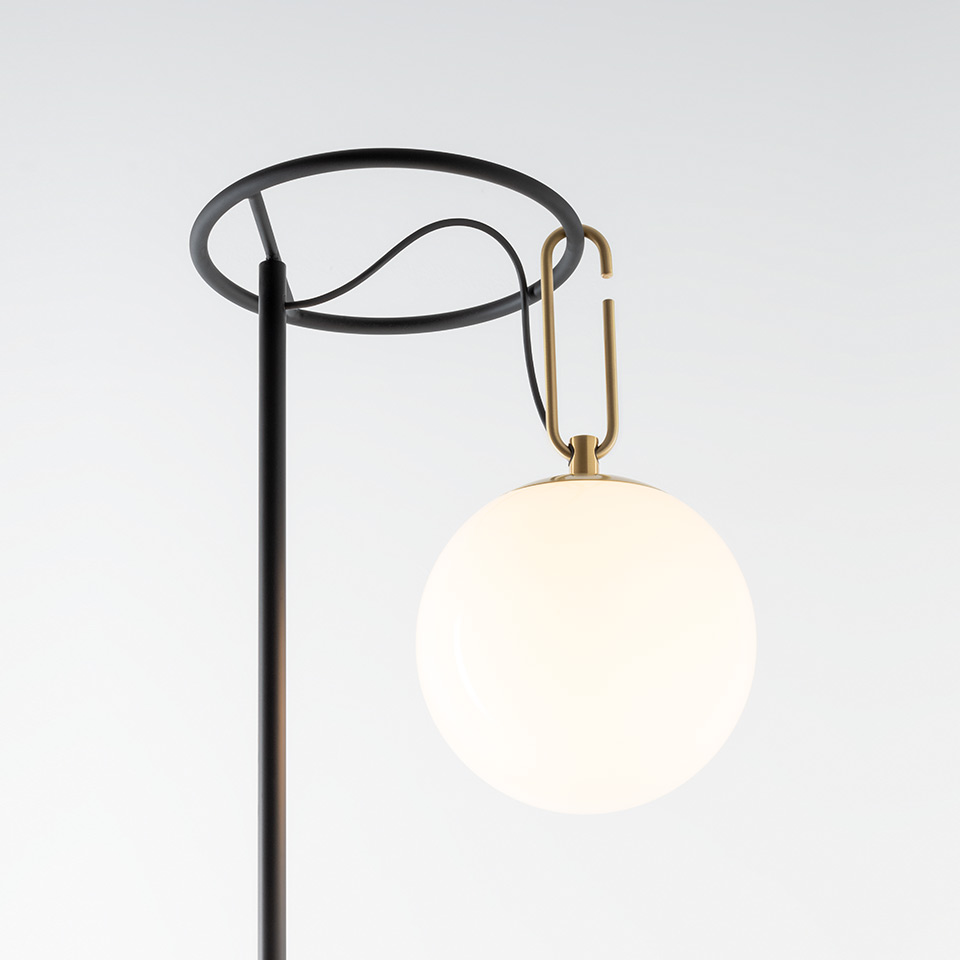 Artemide nh Terra floor lamp: black metal circular ring frame with brass hook suspending an opal white glass globe shade - 2