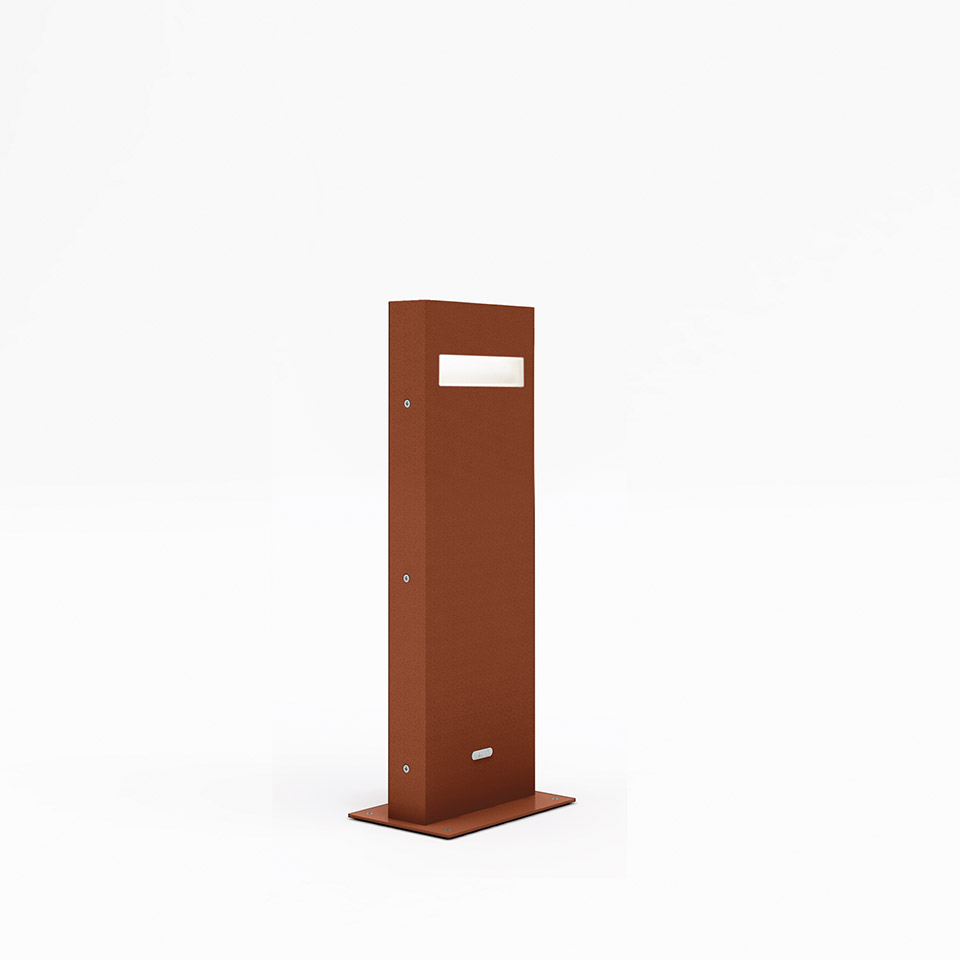 Artemide Nuda outdoor bollard light in corten-effect finish, rectangular column with horizontal diffuser slot on flat base