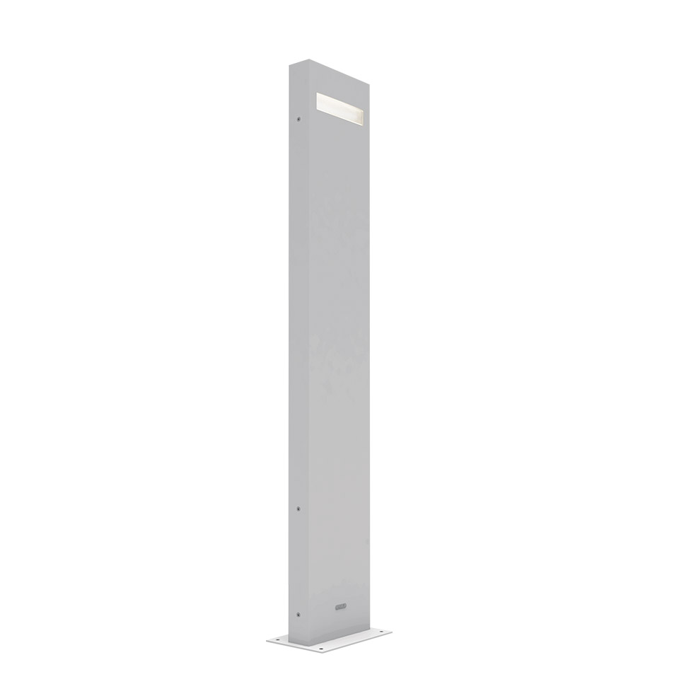 Artemide Nuda outdoor bollard light: tall slim white aluminum post with a horizontal LED slot near the top, mounted on a square base