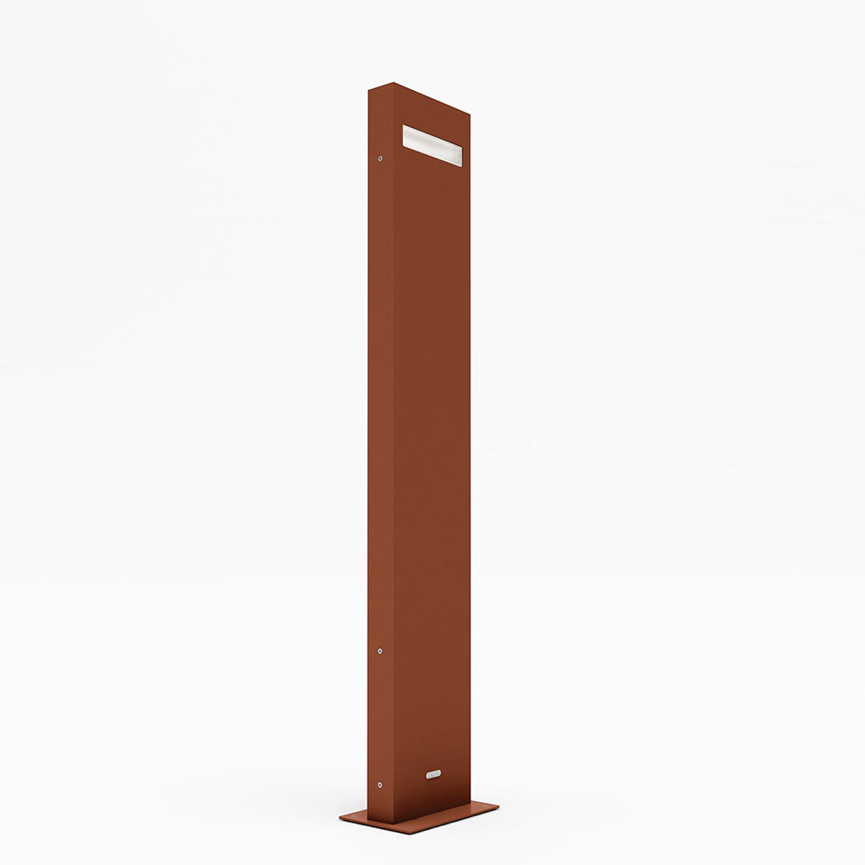 Artemide Nuda outdoor bollard light: tall slim rust-brown metal post with rectangular LED slot near top, mounted on square base plate
